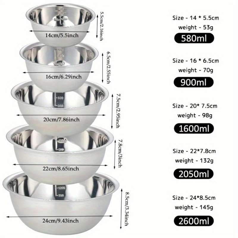 5pcs set stainless steel seasoning bowls set with graduation marks multi purpose bowls for outdoor and home use refrigerator and kitchen food storage details 0