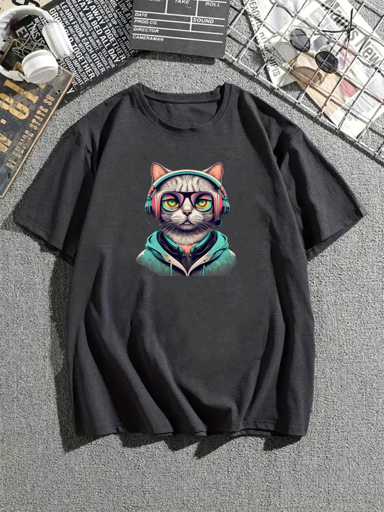 vlxdy men's casual short sleeve t shirt cat headphones - Temu