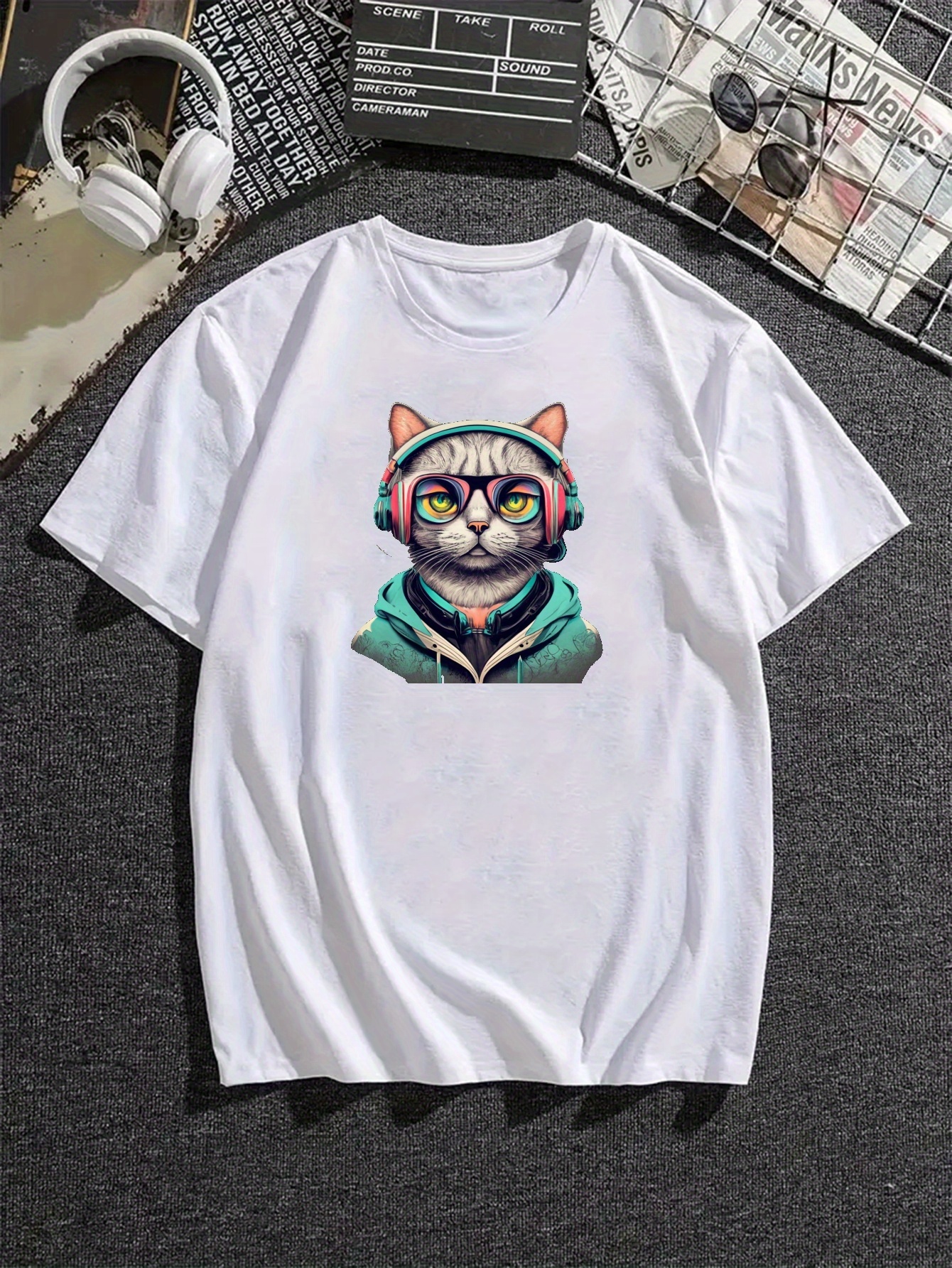 vlxdy men's casual short sleeve t shirt cat headphones - Temu