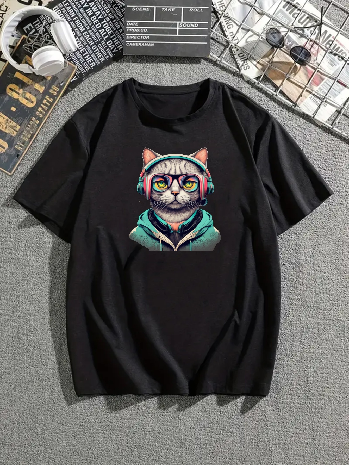 vlxdy men's casual short sleeve t shirt cat headphones - Temu