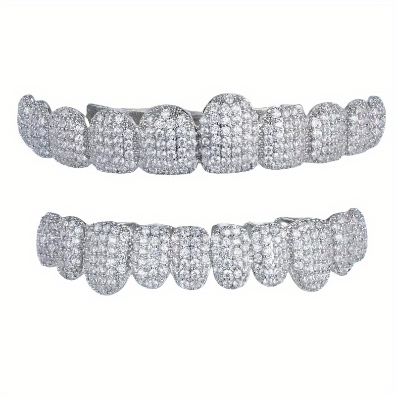 Hip Hop Men's Cubic Zirconia Teeth Grillz, Top Bottom Halloween Vampire Teeth Grillz Jewelry Temu