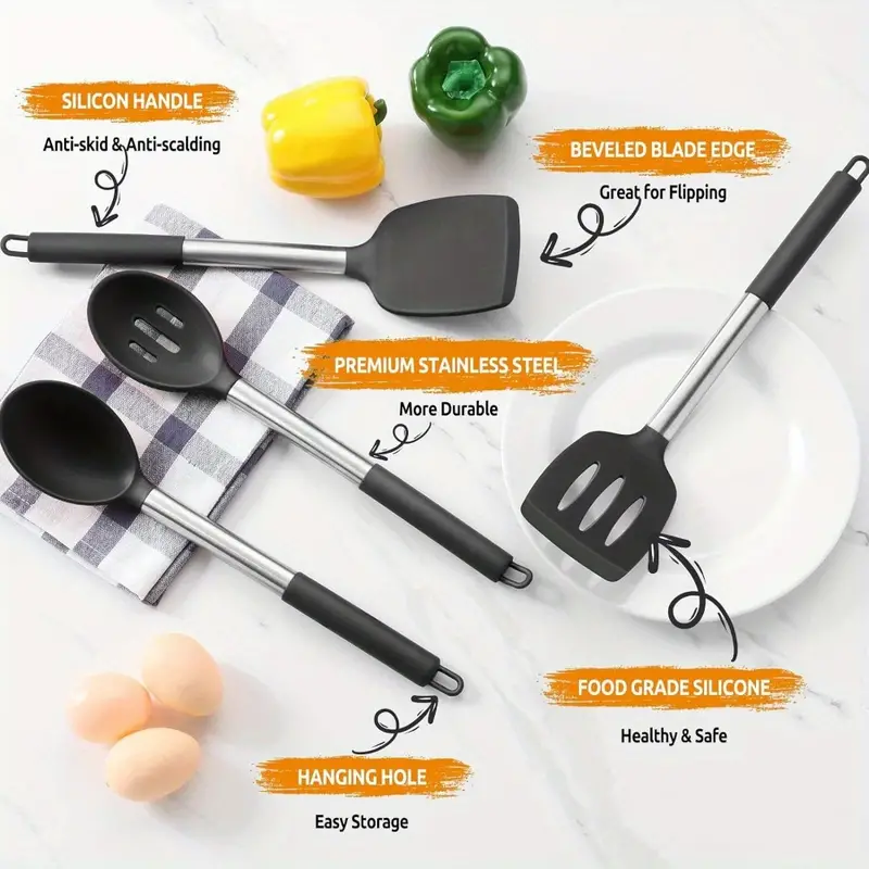 Cooking Utensils, Silicone Kitchen Utensils For Non-stick Cookware, Heat  Resistant & Non-toxic Slotted Spatula Solid Spoon Turner For Flipping  Mixing Serving Basting, Chrismas Gifts, Kitchen Stuff - Temu