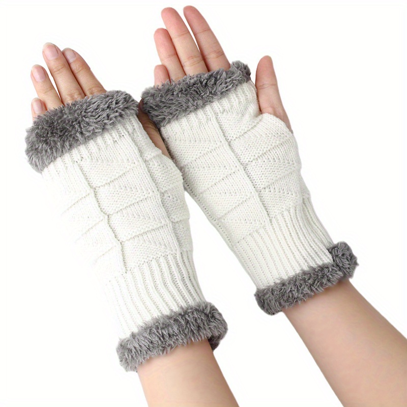 Thickened Velvet Lined Knit Gloves Short Solid Color Plush Cuff Fingerless  Gloves With Thumb Hole Autumn Winter Elastic Coldproof Writing Gloves - Temu