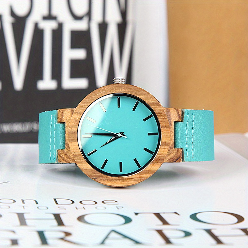 自然木製の女性用腕時計、カジュアルな丸型ポインタークォーツ時計、ヴィンテージファッションアナログ本革腕時計