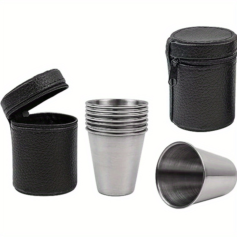 

4pcs Stainless Steel Water Cups With Black Carrying Case, Outdoor Camping And Picnic Cups, 30ml
