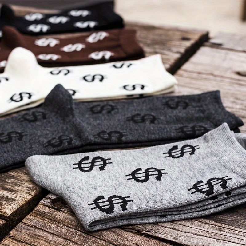 

5 Pairs Of Men's Trendy Dollar Pattern Crew Socks, Breathable Comfy Casual Street Style Unisex Socks For Men's Outdoor Wearing All Seasons Wearing