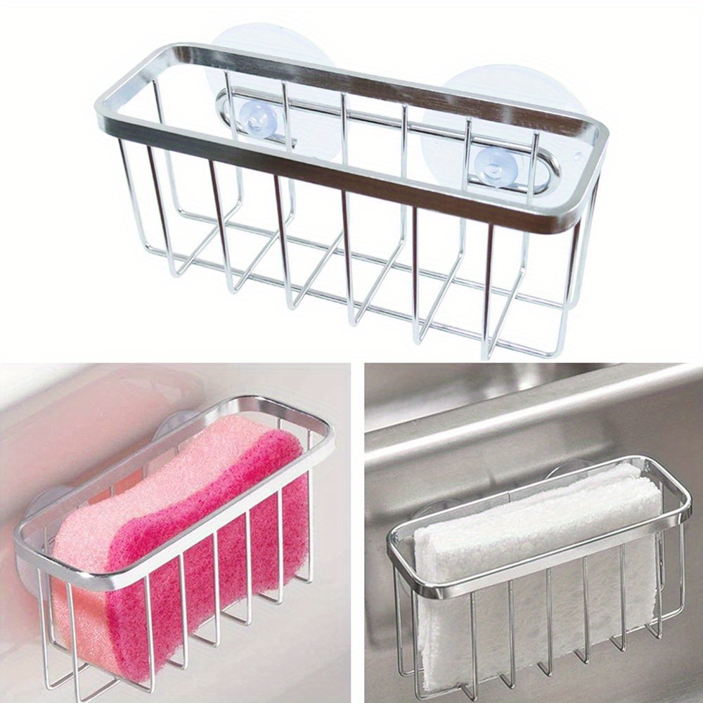 

1set Kitchen Stainless Steel Dish Sponge Holder Basket With Suction Cups, Wall-mounted Punching-free Durable Organizer, Ideal For Kitchen Sinks And Bathroom Organization, Home Supplies