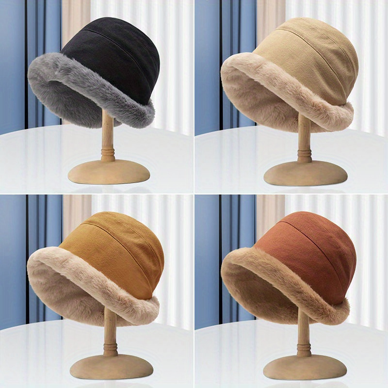 Mixed Color Plush Thick Warm Ear Protection Bucket Hat - Temu