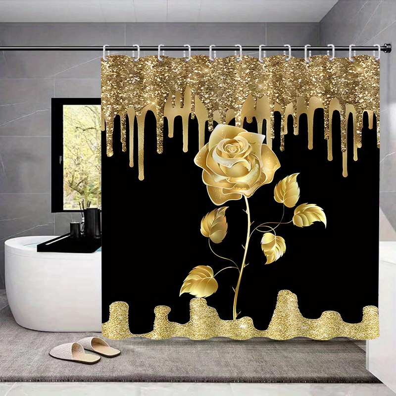 Golden Floral Print Shower Curtain Set, Bathroom Rug, U-shape Mat