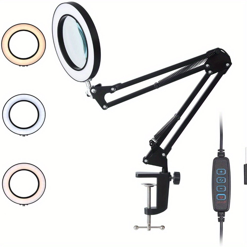 8X Magnifying Glass with Light and Stand, 2-in-1 Real Glass Magnifying Desk  Lamp & Clamp, 3 Color Modes Stepless Dimmable, LED Lighted Magnifier with