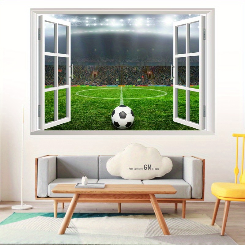 

1pc 3d Window Football Field Wall Sticker, Bathroom Living Room Bedroom Removable Decorative Painting, Home Decoration Wallpaper, Home Essential