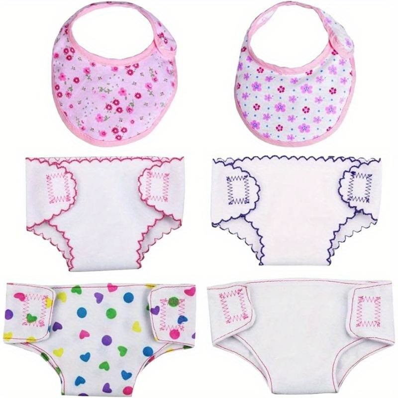 Aolso Couches pour Baby Poupée, 4 Accessoires pour Poupées Couches et 2  Pièces Bavoirs pour Poupée pour poupées de 14 à 18 Pouces pouvant résister  à Plusieurs Lavages, Cadeau de Naissance