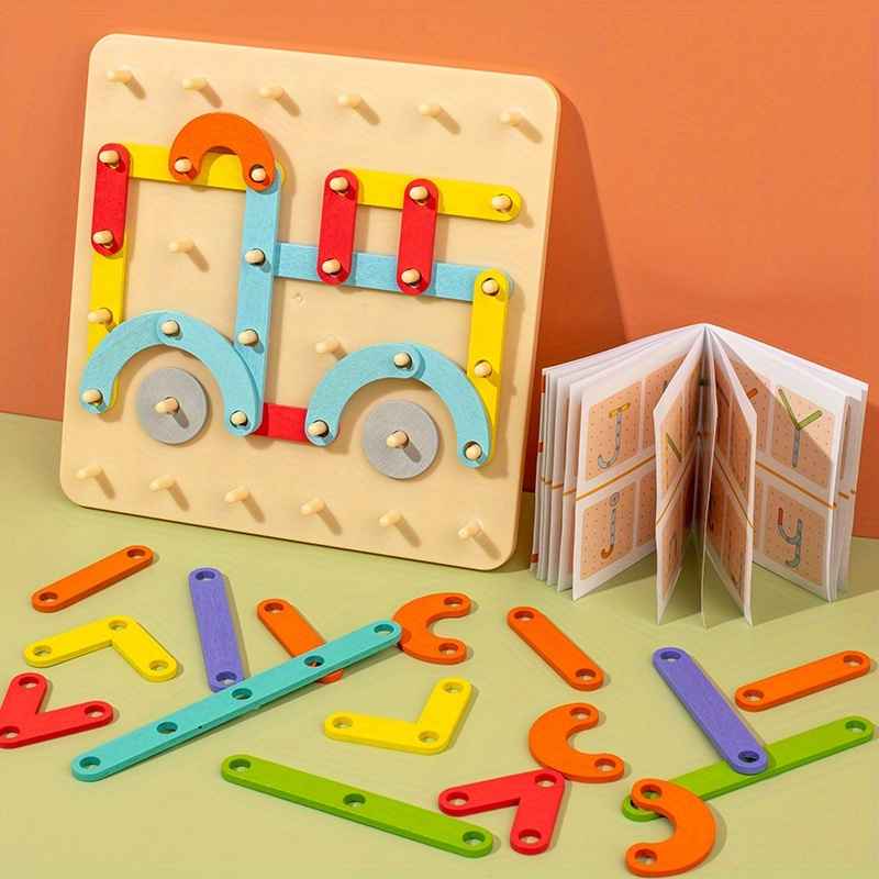 Image of Children Wooden Geoboard Toys Nail Board Geometric Column Set Construction Puzzle Geometric Pegboard Sensory Toy
