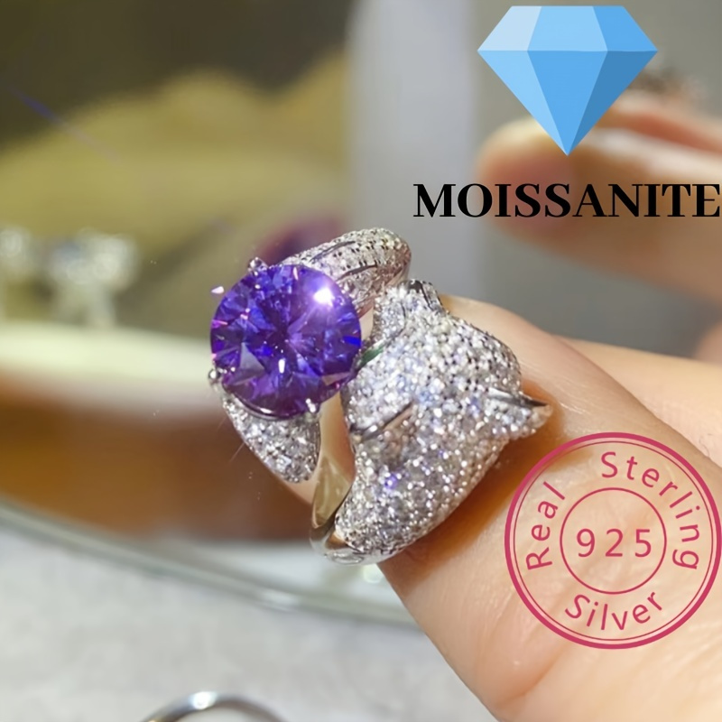 S925 Sterling Silver Purple Moissanite Round Cut Leopard