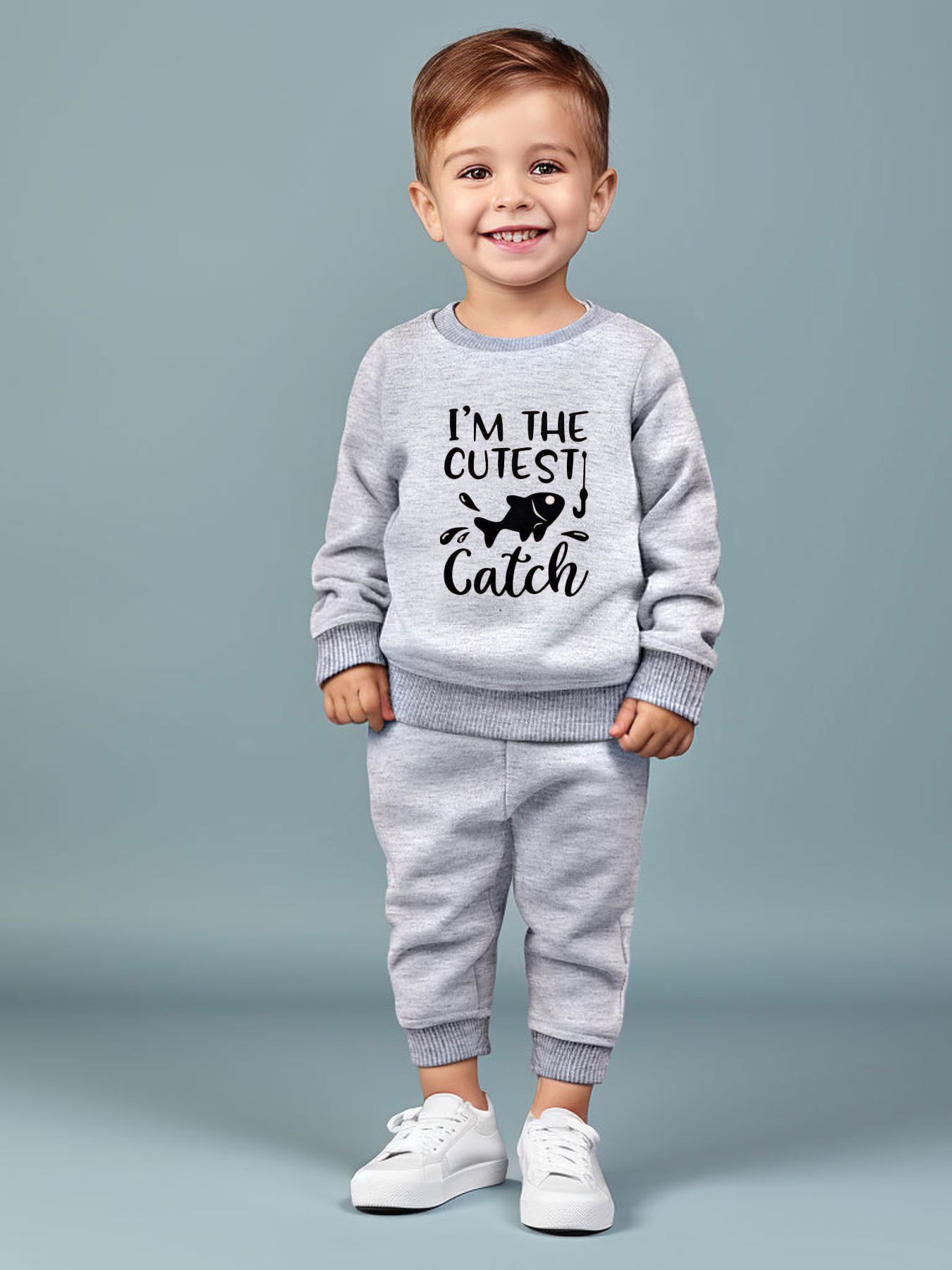 2pcs I'm The Cutest Catch Print Crew Neck Outfit For Boys, Fish Pattern  Sweatshirt & Comfy Pants Set, Kid's Clothes For Fall Winter, As Gift