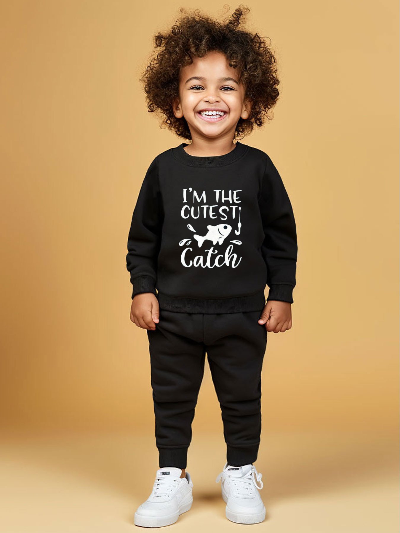 m Cutest Catch Print Crew Neck Outfit Boys Fish Pattern - Temu