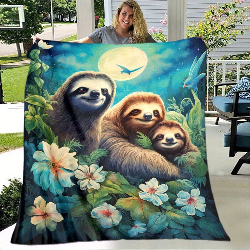 TEMU 1pc Sloth Family Thin Blanket, Lightweight Flannel Throw For Sofa, Bed, Travel, Camping, Livingroom, Office, Couch, Chair, And Bed, Digital