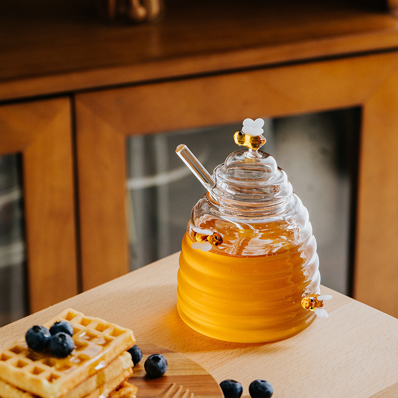 Tarro de miel con recipiente y tapa, lindo recipiente de miel para  almacenar miel y jarabe, recipientes de miel de vidrio para el hogar y la  cocina