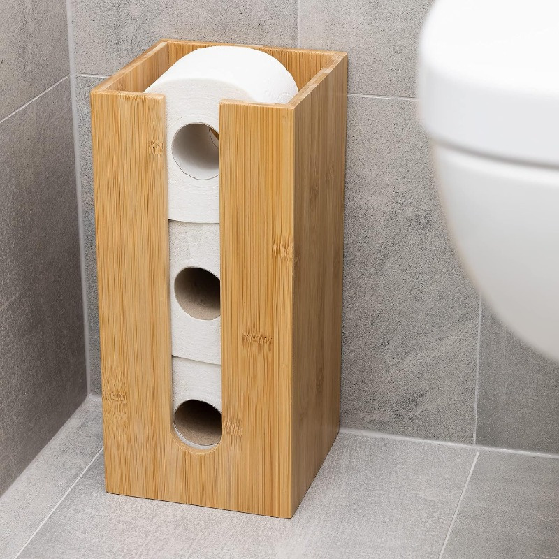BAMBOO TOILET ROLL HOLDER WOODEN FREE STANDING AND TISSUE PAPER