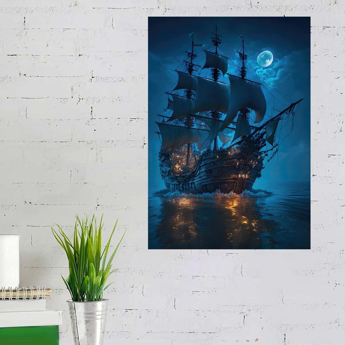 Pirate Ships Sailing In Dark Print Canvas Wall Art Decor - Temu
