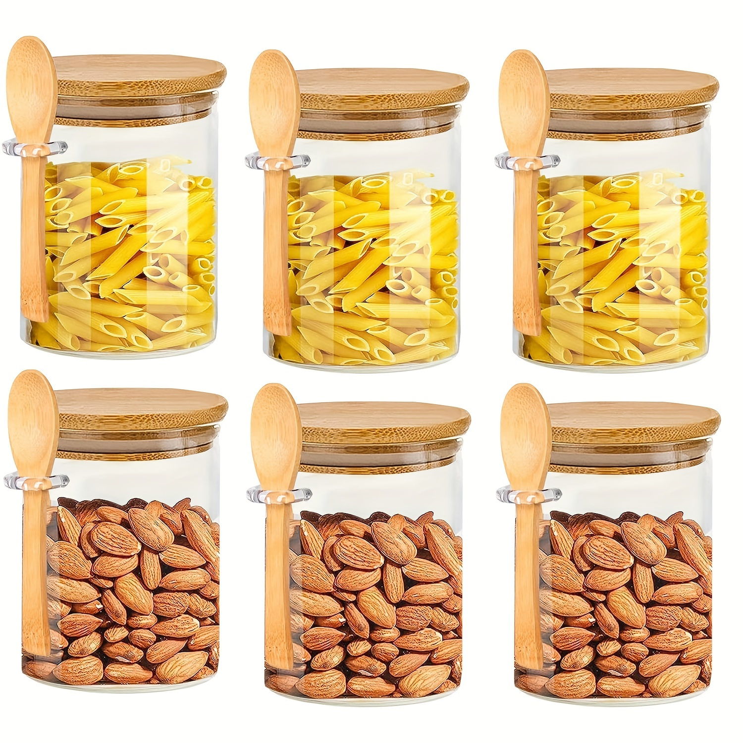 Borosilicate Glass Jars with Bamboo Lids. 6 Pc Set of Air Tight