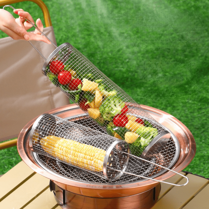 1pc Stainless Steel Portable Barbecue Cooking Grill Net With Hook, Grilling  Baskets For Outdoor Grilling, Outdoor Camping Grilling Rack, Outdoor Round