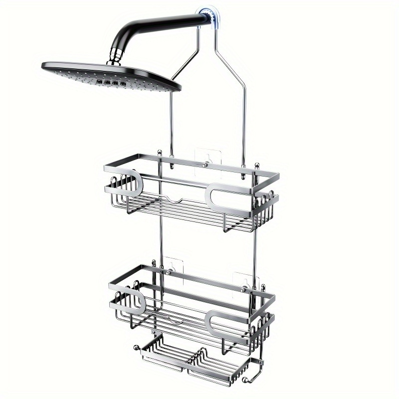mDesign Extra Wide Stainless Steel Bath/Shower Over Door Caddy, Hanging  Storage Organizer 2-Tier Rack with Hook and Basket, Holder for Soap,  Shampoo