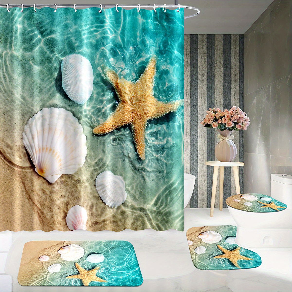 Starfish Shower Curtain Sets Non slip Bath Mat Beautiful - Temu