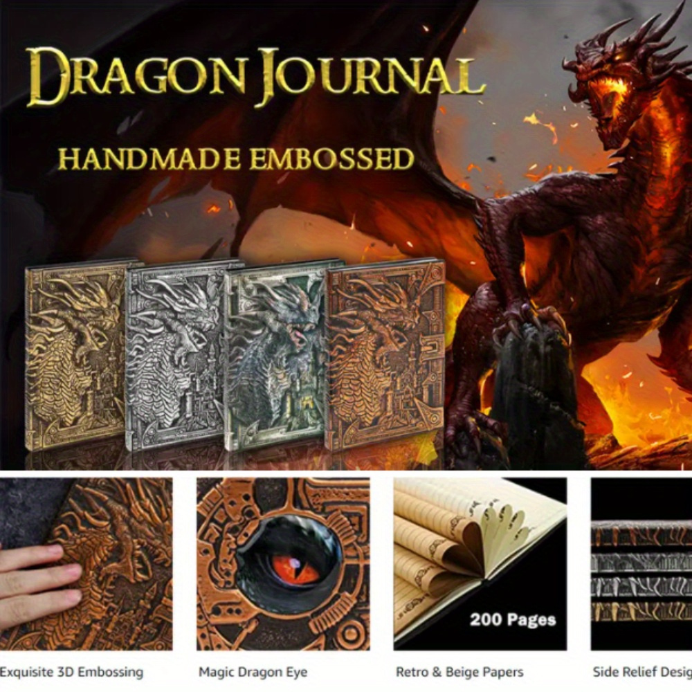 Notebook / Journal, Unique 200 Page Book with 3D Silver Dragon