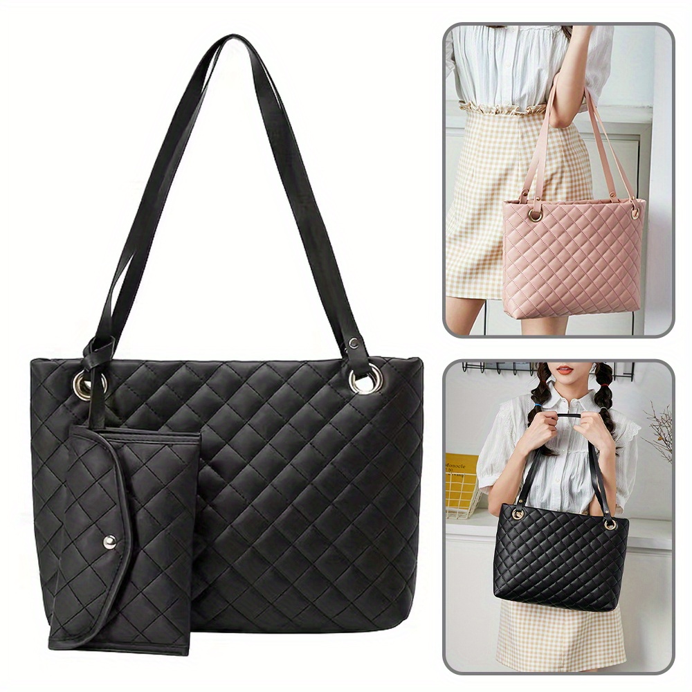 2pcs Argyle Quilted Tote Bag Set, Solid Color Shoulder Bag, Women's Pu  Leather Handbag With Mini Coin Purse