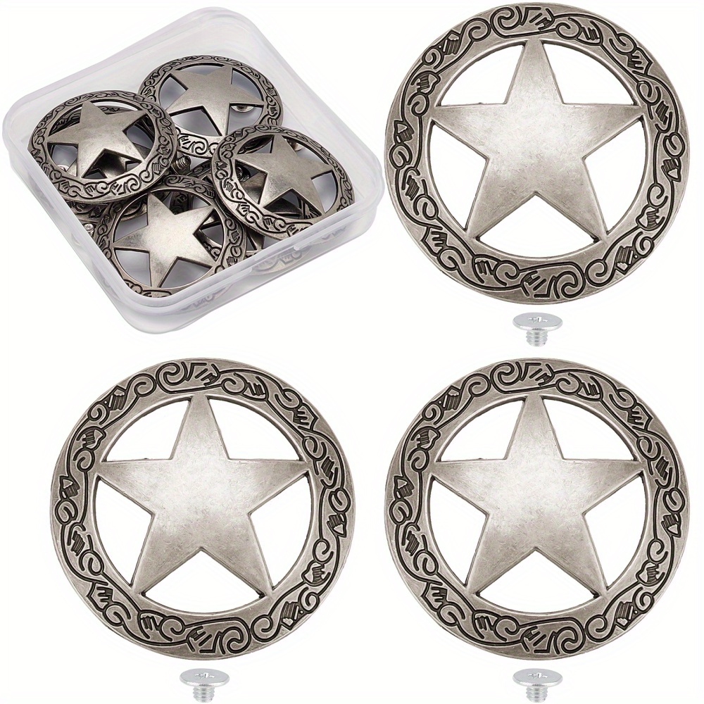 

6 Sets Screw Back Button, Engraved Star Concho Hollow Out Decorative Button, Round Vintage Silvery Metal Tack Buckle Replacement Casting, Western Rodeo Diy Craft Accessories
