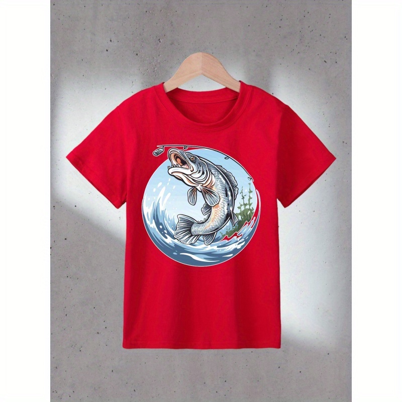 

Boy's Fishing Print Cool T-shirt Clothing Casual Round Neck Short Sleeve Comfy Outdoors Outfit For Kids