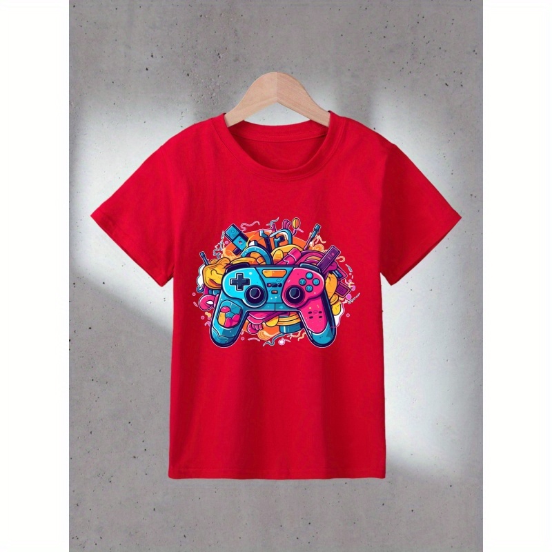 

Boy's Cartoon Game Machine Print Short Sleeved T-shirt, Breathable And Loose Round Neck Casual Top