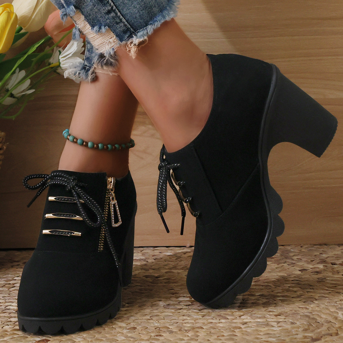 

Women's Chunky Heeled Ankle Boots, Fashion Lace Up & Side Zipper Booties, All-match High Heeled Short Boots