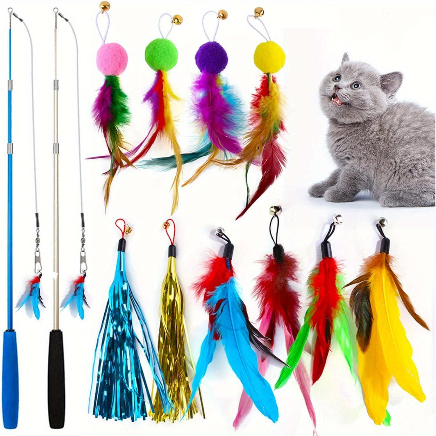 Cat Toys For Indoor Cats, 12PCS Interactive Cat Feather Toys For Kitten,  Retractable Cat Wand Toys & Replacement Teaser With Bell Refills, Funny  Exerc