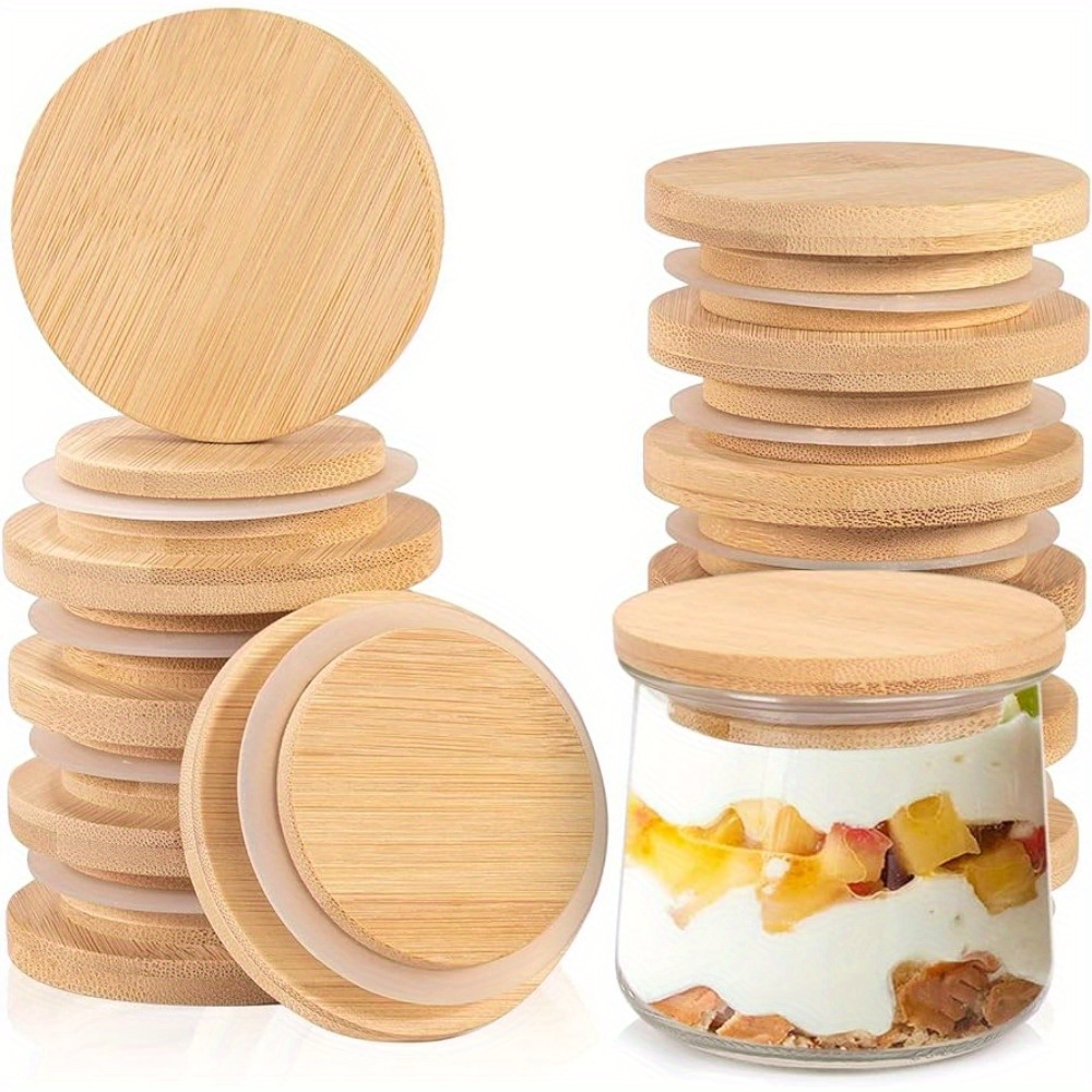 Oui Yogurt Jar Lids - 8 Pack Oui Lids- Natural Bamboo Wood with Silicone  Sealing Rings and Oui Yogurt Bottle Label,For 5 Oz Oui Yogurt Jars