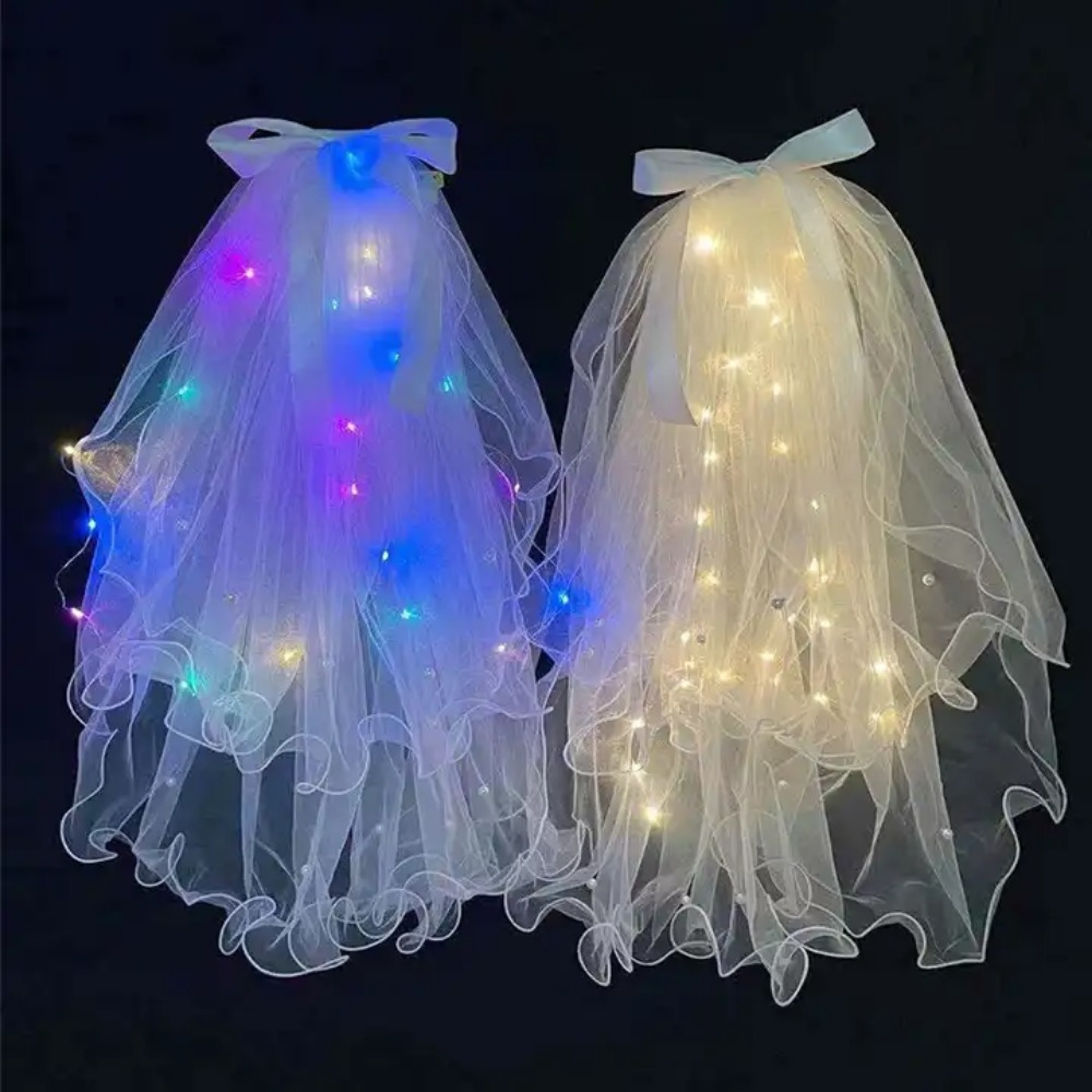 Bachelorette Party Veil, LED Light UP Net Yarn Fashion Fairy Bow Knot Bead  Hair Clip Design Bridal Head Mesh Veil for Women Children Bridal Shower  Engagement Decorations Bride To Be Gift 