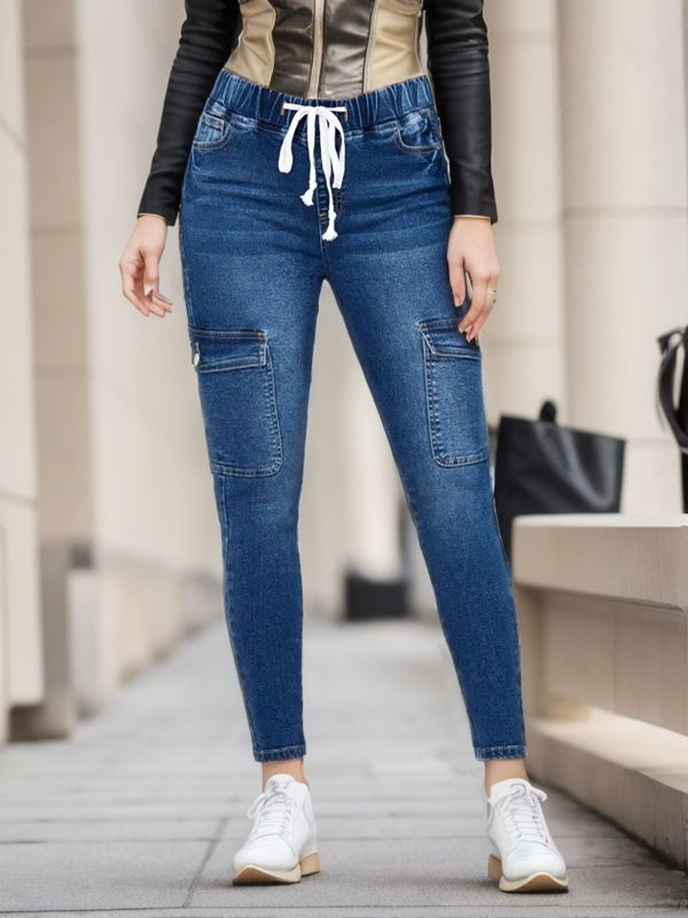 Drawstring Elastic Waist Skinny Jeans Flap Pockets Slim Fit - Temu