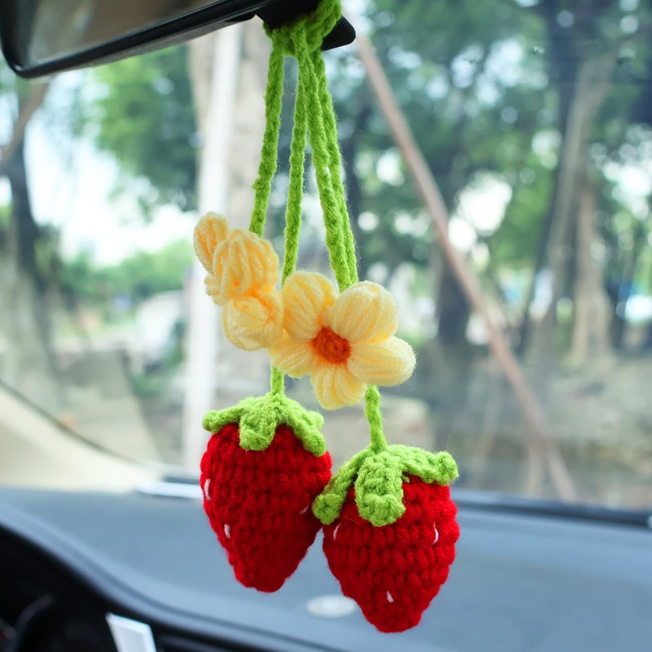 Crochet Strawberry Plant Car Mirror Hanging, Cute Car Accessories for Women