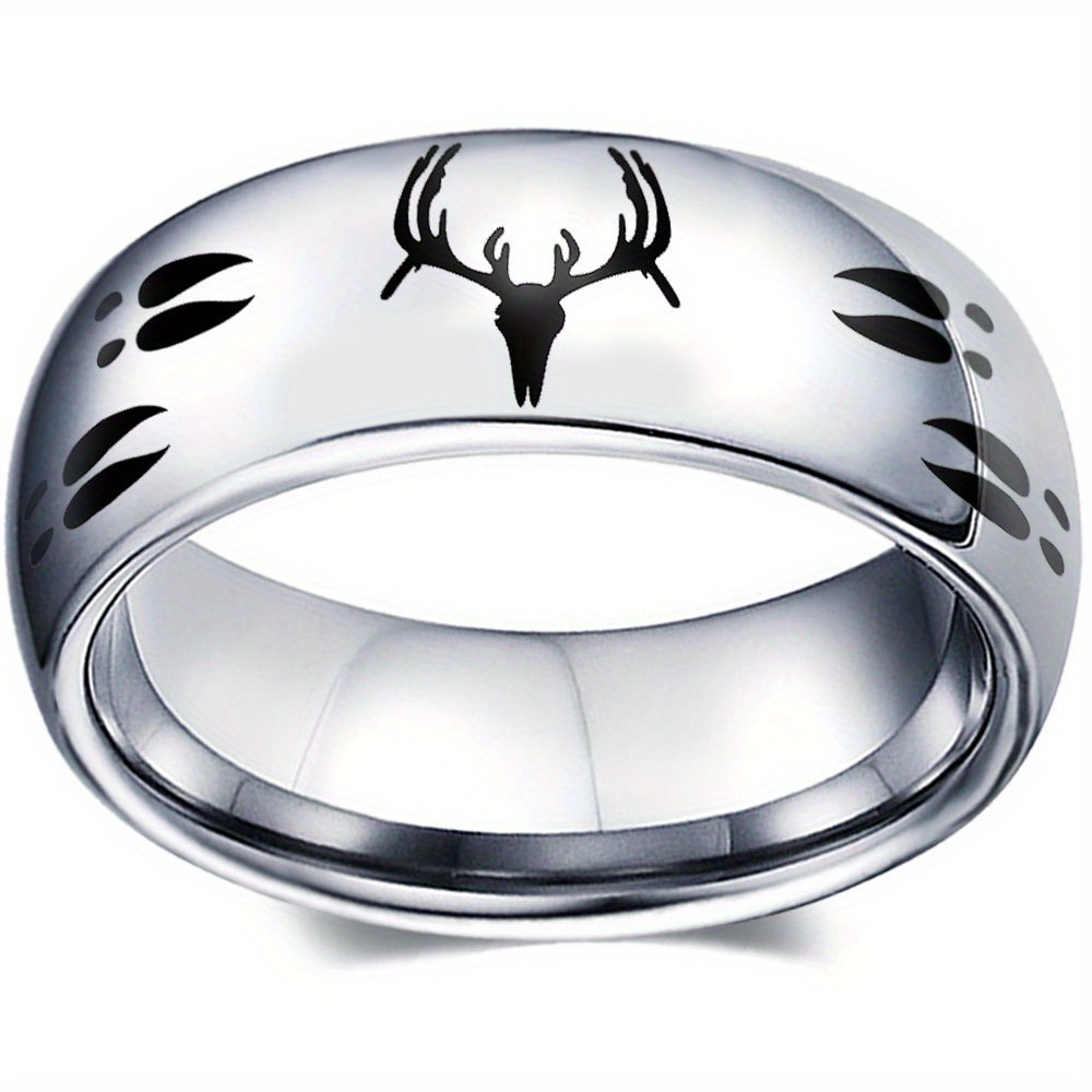 Deer Heads Pattern Men's Ring Black Silvery Color Stainless - Temu Canada