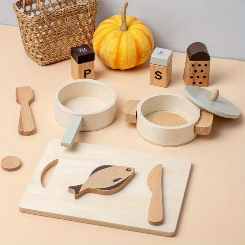 Kids Wooden Cooking Cookware Pot Pretend Play Toy