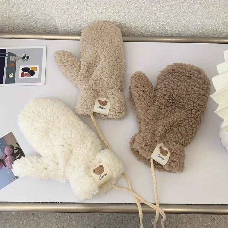 

Bear Letter Label Decor Mittens Short Thick Warm Plush Gloves Autumn Winter Coldproof Hanging Neck Gloves