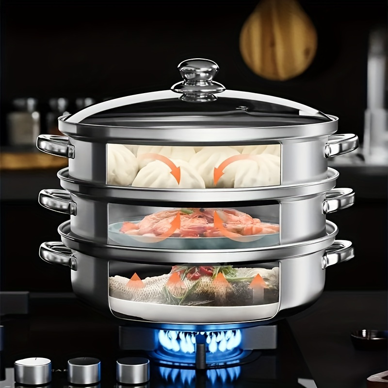 1pc Stainless Steel Steamer Pot, Steaming Cookware, Saucepot With Tempered  Glass Lid, 3 Tier Steaming Pot Work With Gas Electric Induction Oven Grill