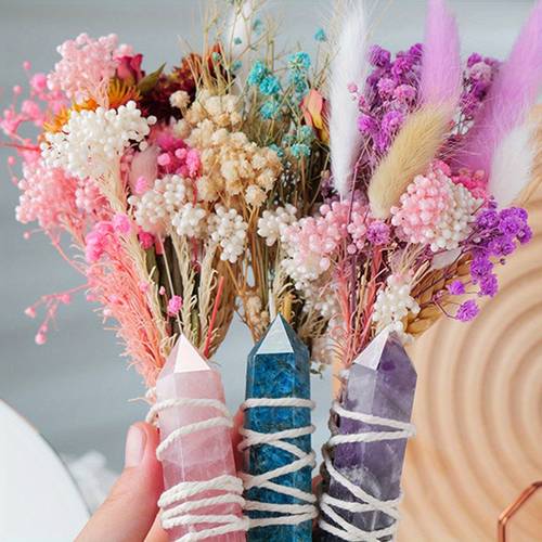 1set Purple Crystal Column Dry Flower Bouquet Combination, Simulation Flower Bouquet With Crystal, Home Decoration Ornaments