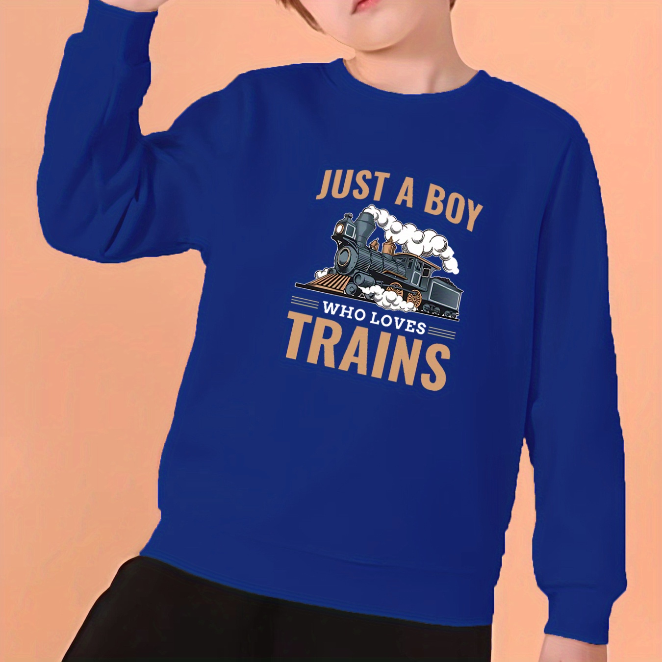 

Just A Boy Who Loves Trains Letter Print Boys Casual Creative Pullover Sweatshirt, Long Sleeve Crew Neck Tops, Kids Clothes Outdoor