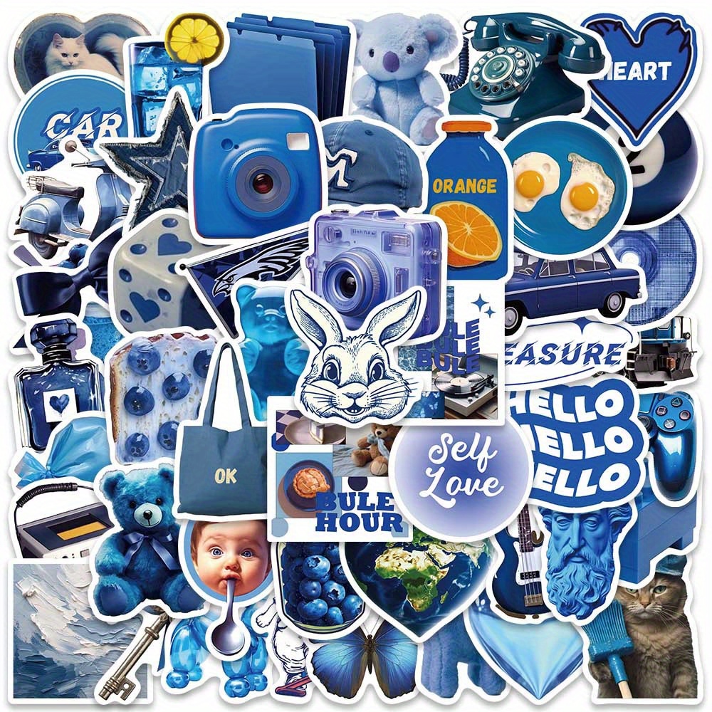 New Aesthetic Blue Doodle Waterproof Stickers Diy Creative - Temu