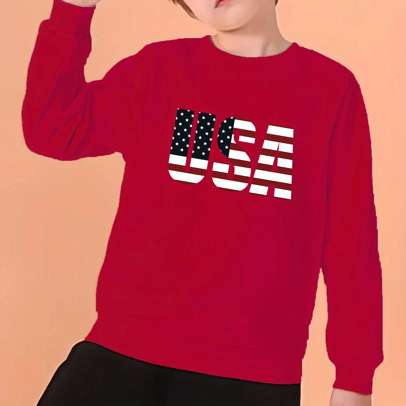 

American Flag Usa Letter Print Boys Casual Creative Pullover Sweatshirt, Long Sleeve Crew Neck Tops, Kids Clothes Outdoor