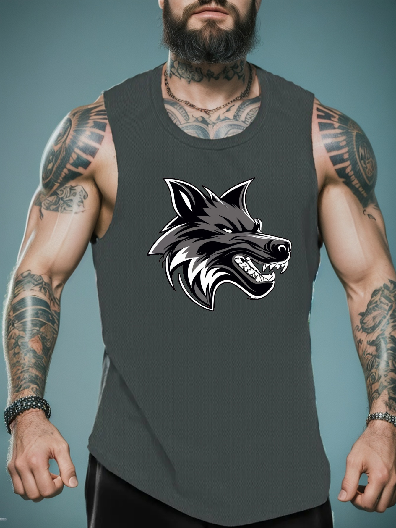 Camiseta Tank Top Sin Mangas Para Gym Hombre Estampado Lobo