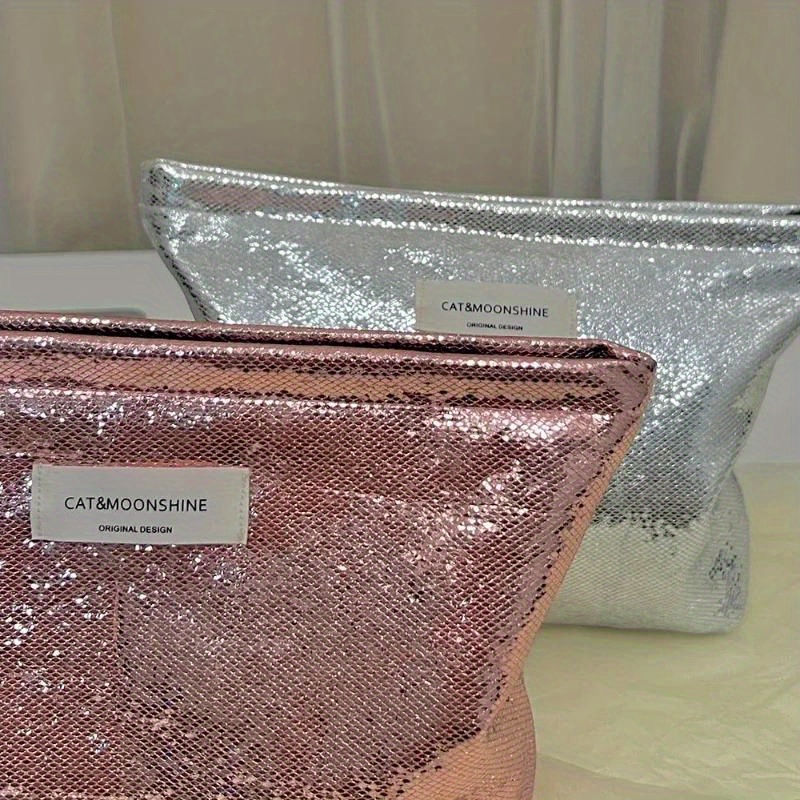 

Shiny Sequins Clutch Cosmetic Bag Makeup Bag Portable Toiletries Skincare Storage Bag Organizer Pouch Silvery Champagne