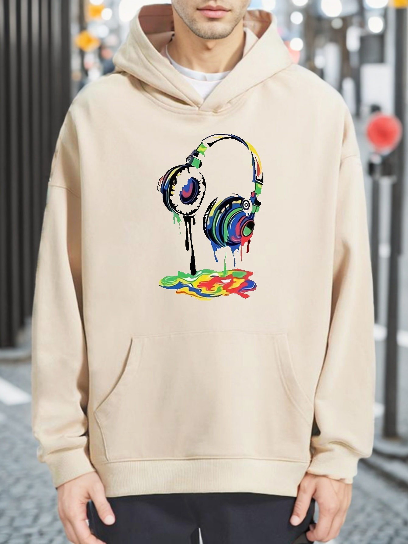 Headphone Print Kangaroo Pocket Hoodie, Casual Long Sleeve Hoodies